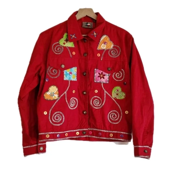 Vintage Applique Jacket Womens Mediun Wearable Art Red Patchwork Buttons - Picture 2 of 7